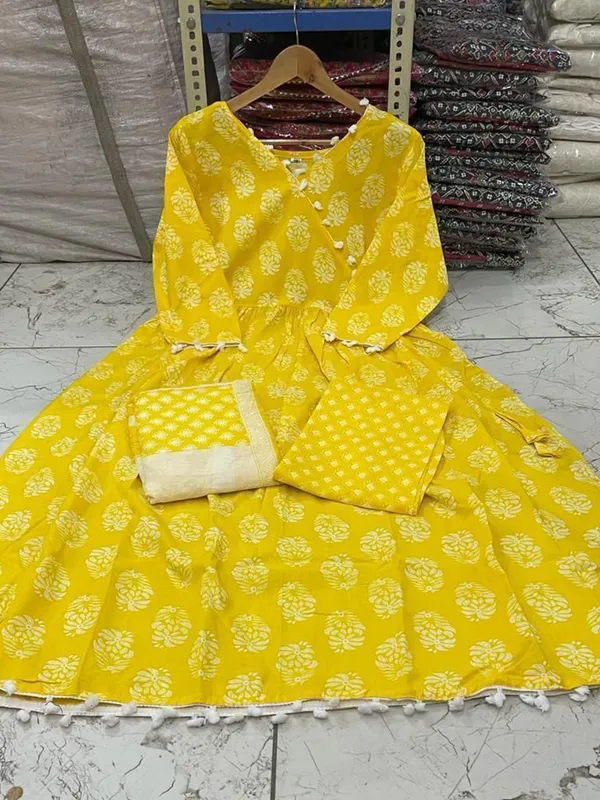 Yellow_Rayon_Stylish_Anarkali_Kurti,_Pant_&_Dupatta_Set_With_Pompom_Lace_Work_For_Women_&_Girls