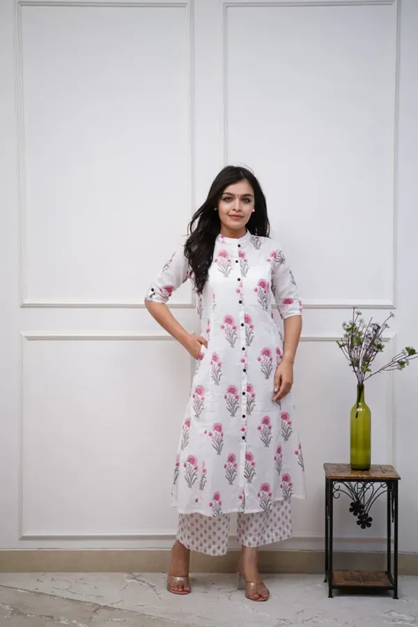 White_&_Pink_Pure_Cotton_Floral_Print_A-Line_Kurta_&_Palazzo_Co-Ord_Set_For_Women_&_Girls