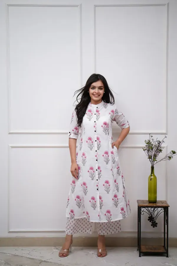White_&_Pink_Pure_Cotton_Floral_Print_A-Line_Kurta_&_Palazzo_Co-Ord_Set_For_Women_&_Girls