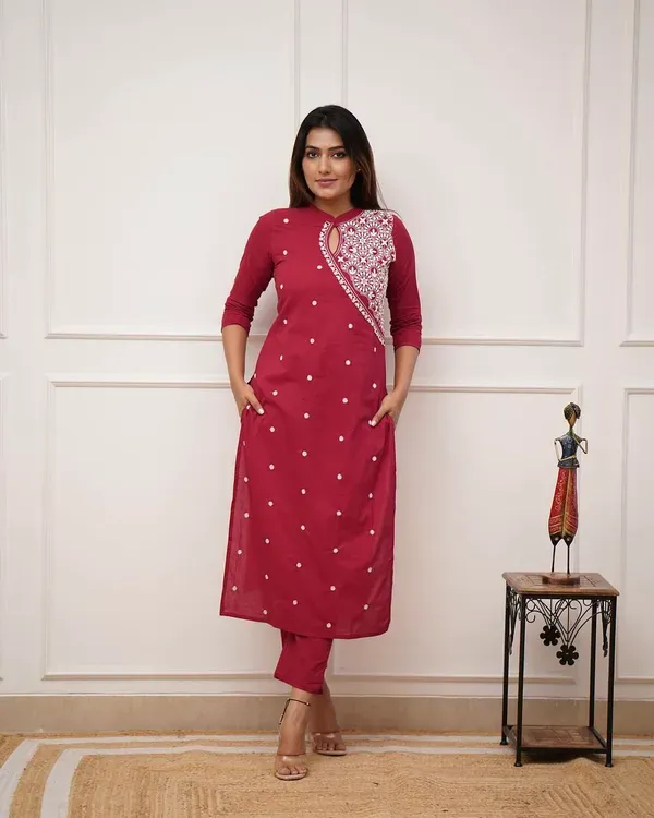 Maroon_Pure_Cotton_Kurti_&_Pant_With_Thread_Embroidery_For_Women_&_Girls