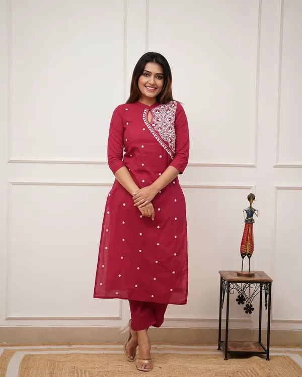 Maroon_Pure_Cotton_Kurti_&_Pant_With_Thread_Embroidery_For_Women_&_Girls