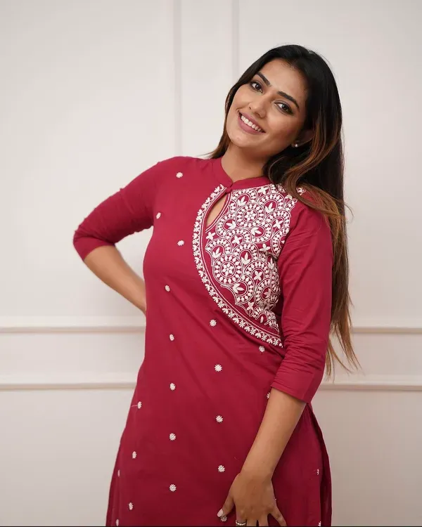 Maroon_Pure_Cotton_Kurti_&_Pant_With_Thread_Embroidery_For_Women_&_Girls