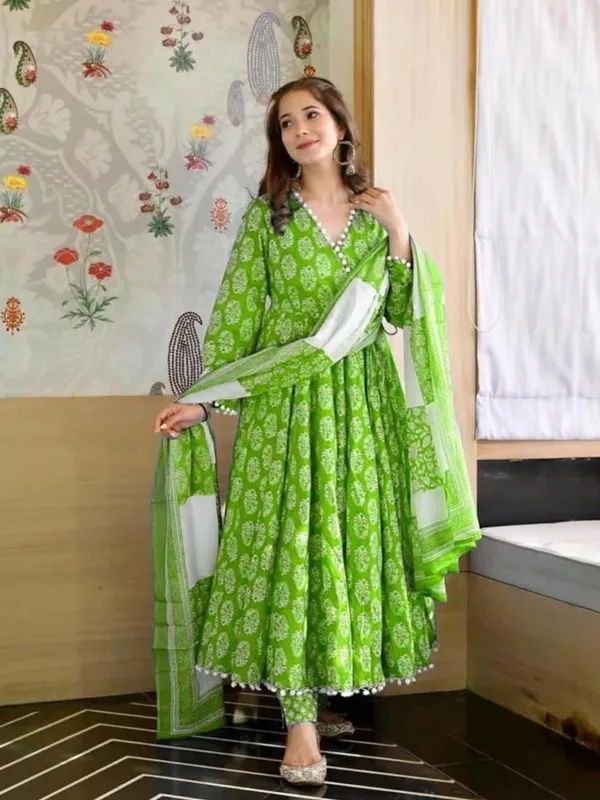 Green_Rayon_Stylish_Anarkali_Kurti,_Pant_&_Dupatta_Set_With_Pompom_Lace_Work_For_Women_&_Girls