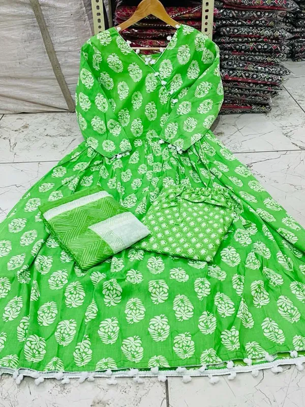 Green_Rayon_Stylish_Anarkali_Kurti,_Pant_&_Dupatta_Set_With_Pompom_Lace_Work_For_Women_&_Girls