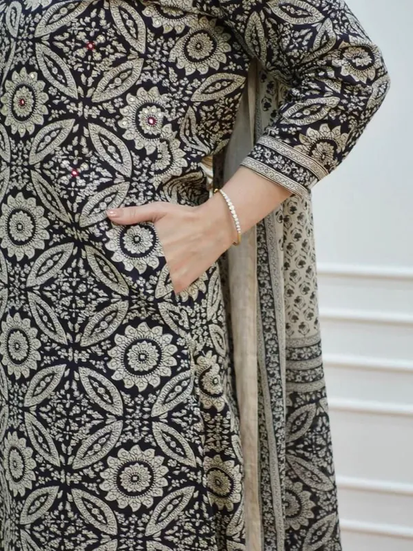 Black_Cotton_Sanganeri_Block_Print_Straight_Kurta_&_Afghani_Pant_Set_For_Women_&_Girls
