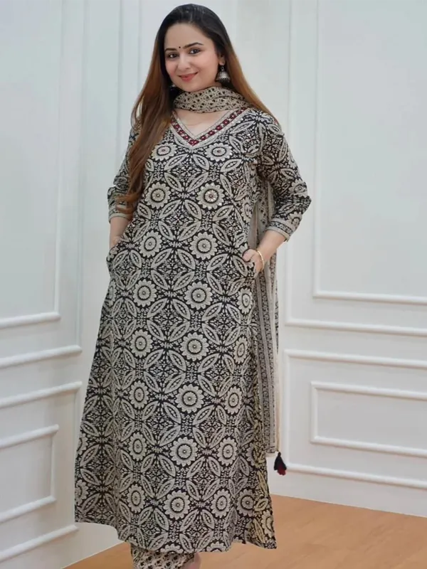 Black_Cotton_Sanganeri_Block_Print_Straight_Kurta_&_Afghani_Pant_Set_For_Women_&_Girls