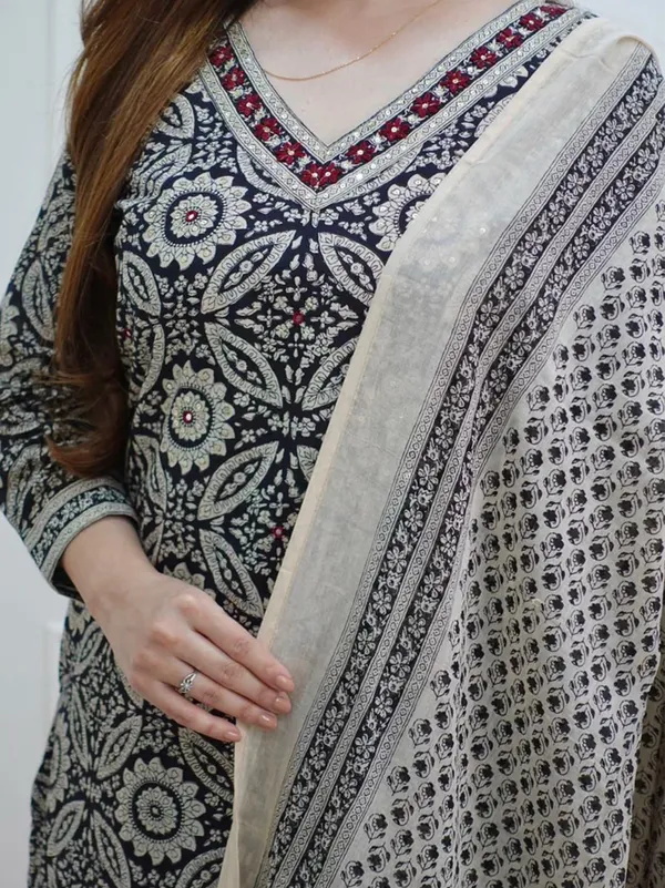 Black_Cotton_Sanganeri_Block_Print_Straight_Kurta_&_Afghani_Pant_Set_For_Women_&_Girls