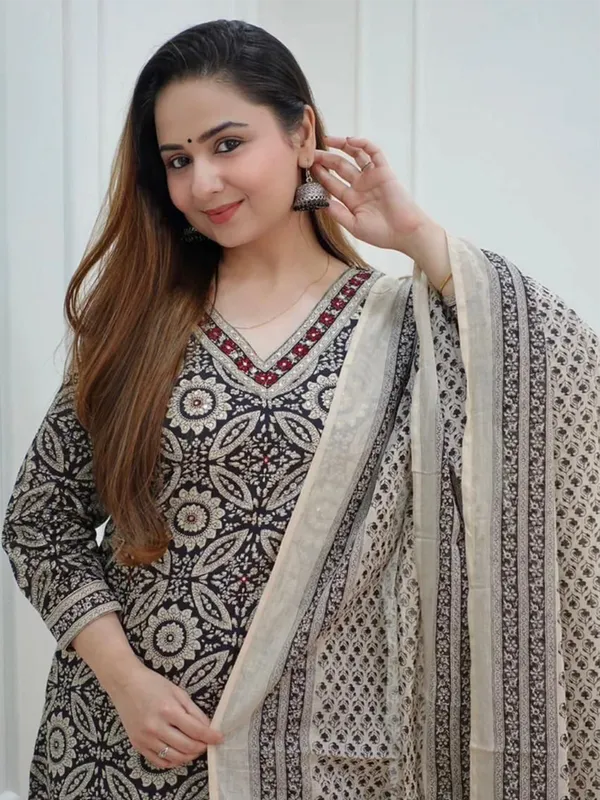 Black_Cotton_Sanganeri_Block_Print_Straight_Kurta_&_Afghani_Pant_Set_For_Women_&_Girls
