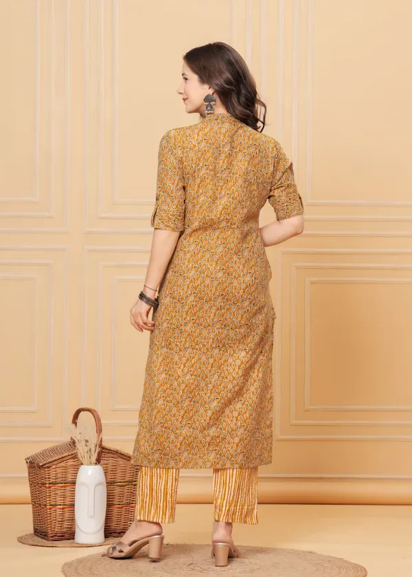 Golden_Mustard_Cotton_Katha_Printed_A-Line_Kurta,_Pant_&_Dupatta_Co-Ord_Set_For_Women_&_Girls