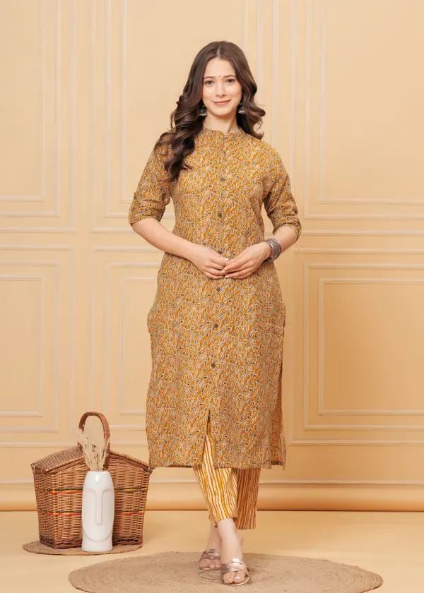 Golden_Mustard_Cotton_Katha_Printed_A-Line_Kurta,_Pant_&_Dupatta_Co-Ord_Set_For_Women_&_Girls