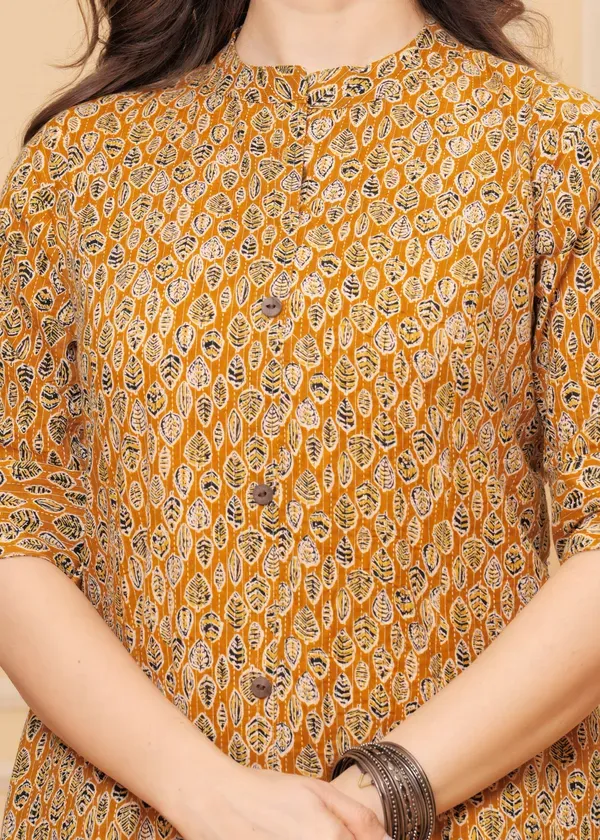 Golden_Mustard_Cotton_Katha_Printed_A-Line_Kurta,_Pant_&_Dupatta_Co-Ord_Set_For_Women_&_Girls