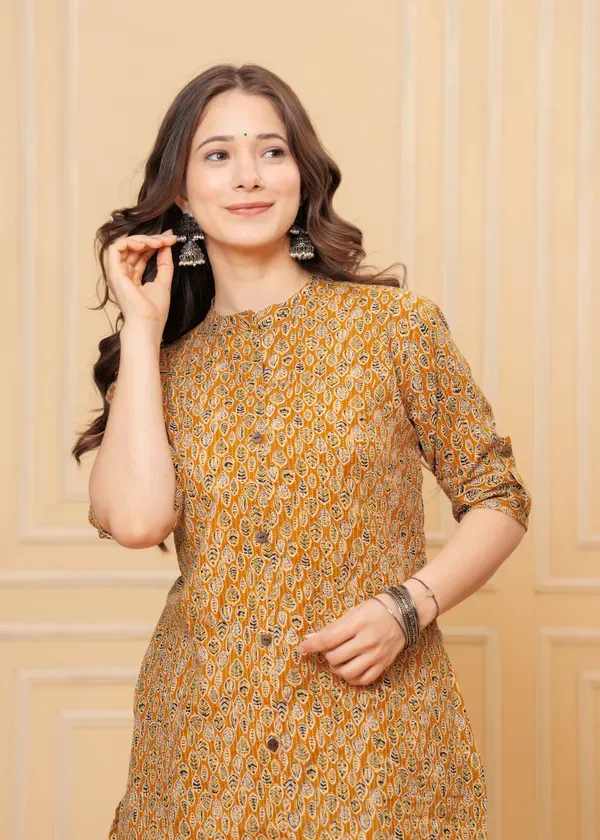 Golden_Mustard_Cotton_Katha_Printed_A-Line_Kurta,_Pant_&_Dupatta_Co-Ord_Set_For_Women_&_Girls