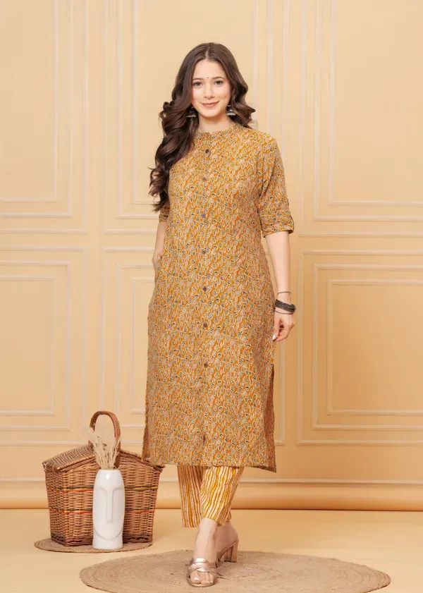 Golden_Mustard_Cotton_Katha_Printed_A-Line_Kurta,_Pant_&_Dupatta_Co-Ord_Set_For_Women_&_Girls