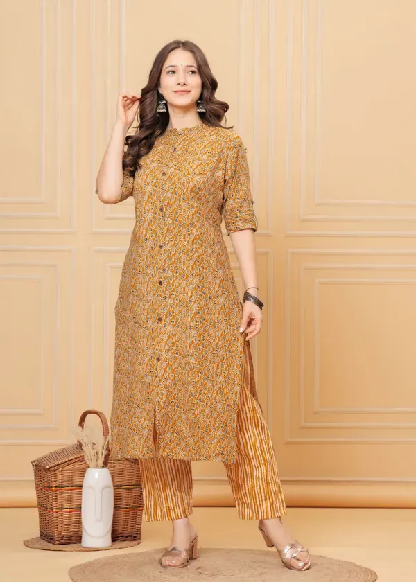 Golden_Mustard_Cotton_Katha_Printed_A-Line_Kurta,_Pant_&_Dupatta_Co-Ord_Set_For_Women_&_Girls