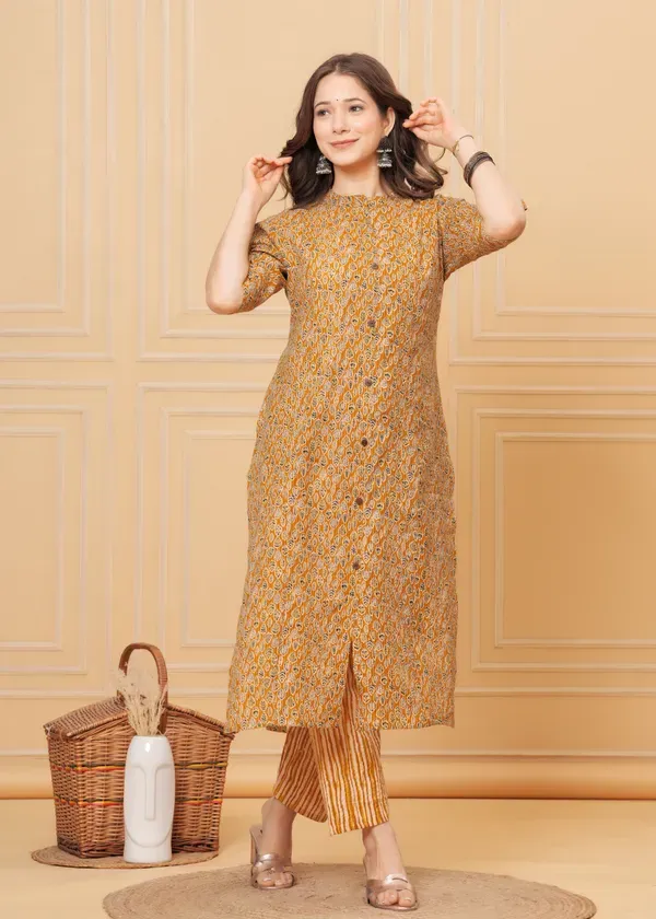 Golden_Mustard_Cotton_Katha_Printed_A-Line_Kurta,_Pant_&_Dupatta_Co-Ord_Set_For_Women_&_Girls