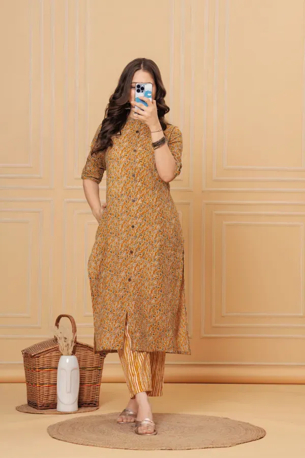 Golden_Mustard_Cotton_Katha_Printed_A-Line_Kurta,_Pant_&_Dupatta_Co-Ord_Set_For_Women_&_Girls