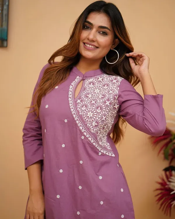 Orchid_Pure_Cotton_Kurti_&_Pant_With_Thread_Embroidery_For_Women_&_Girls