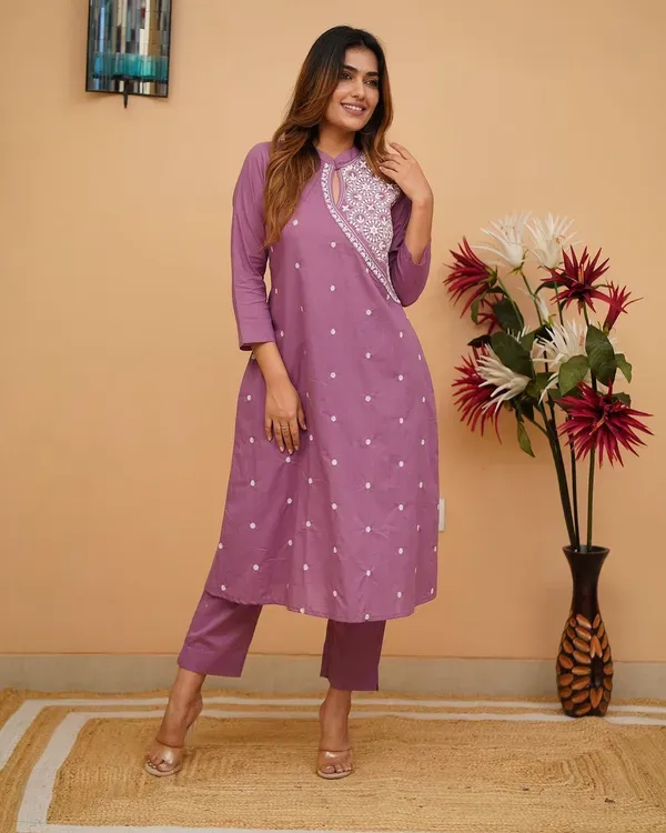 Orchid_Pure_Cotton_Kurti_&_Pant_With_Thread_Embroidery_For_Women_&_Girls