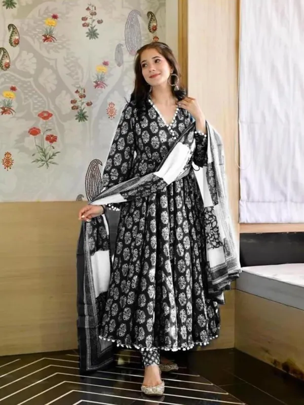 Black_Rayon_Stylish_Anarkali_Kurti,_Pant_&_Dupatta_Set_With_Pompom_Lace_Work_For_Women_&_Girls
