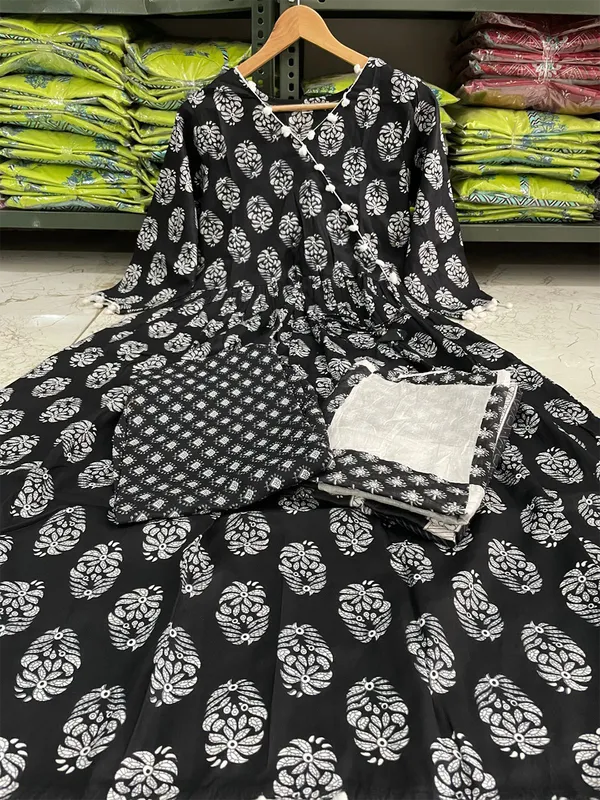 Black_Rayon_Stylish_Anarkali_Kurti,_Pant_&_Dupatta_Set_With_Pompom_Lace_Work_For_Women_&_Girls