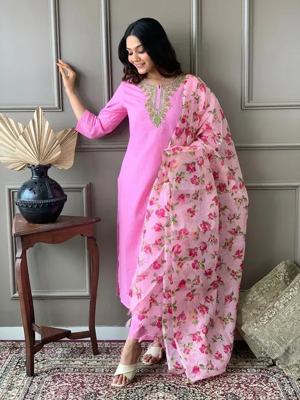 Pink_Pure_Cotton_Katha_Kurti_Set_With_Embroidery_Work_And_Kota_Doria_Dupatta_For_Women_&_Girls
