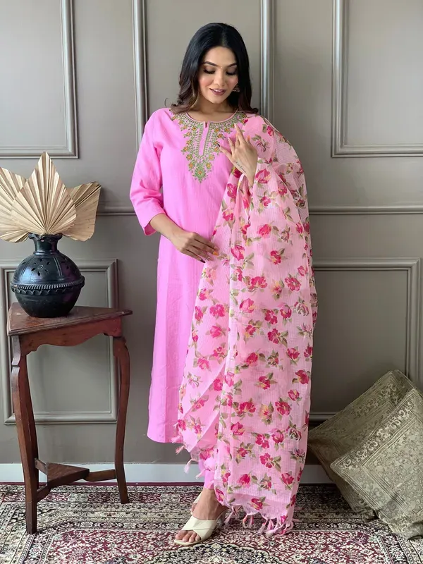Pink_Pure_Cotton_Katha_Kurti_Set_With_Embroidery_Work_And_Kota_Doria_Dupatta_For_Women_&_Girls