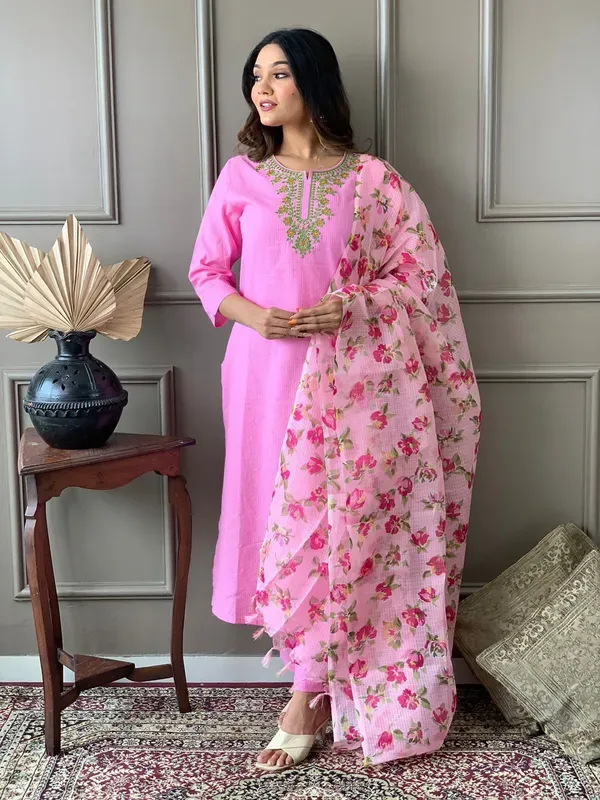 Pink_Pure_Cotton_Katha_Kurti_Set_With_Embroidery_Work_And_Kota_Doria_Dupatta_For_Women_&_Girls
