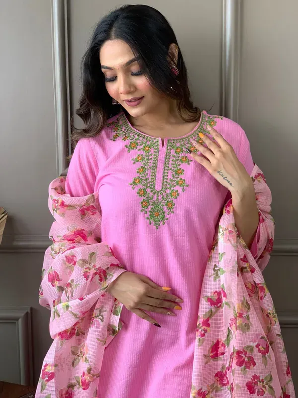 Pink_Pure_Cotton_Katha_Kurti_Set_With_Embroidery_Work_And_Kota_Doria_Dupatta_For_Women_&_Girls