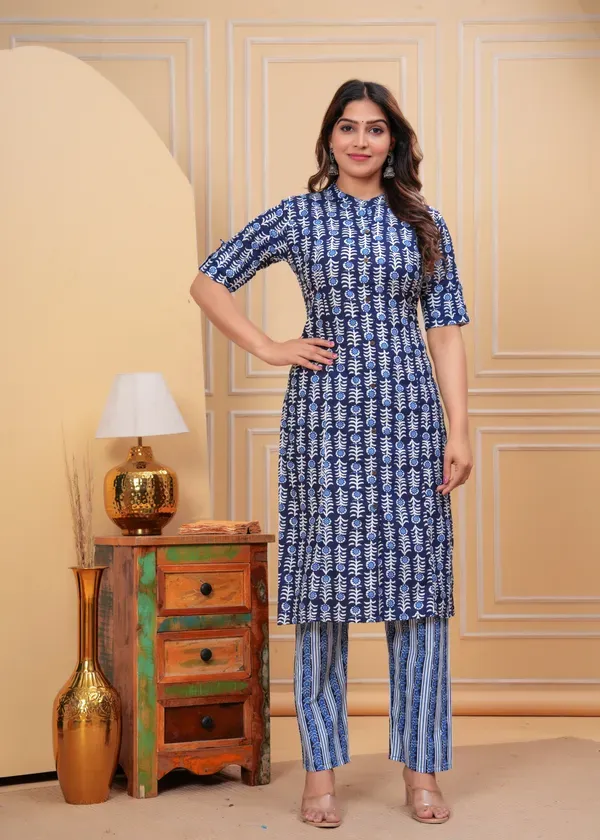 Blue_Pure_Cotton_A-Line_Kurta_&_Pant_Co-Ord_Set_For_Women_&_Girls