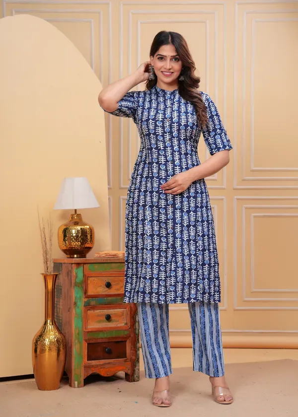 Blue_Pure_Cotton_A-Line_Kurta_&_Pant_Co-Ord_Set_For_Women_&_Girls
