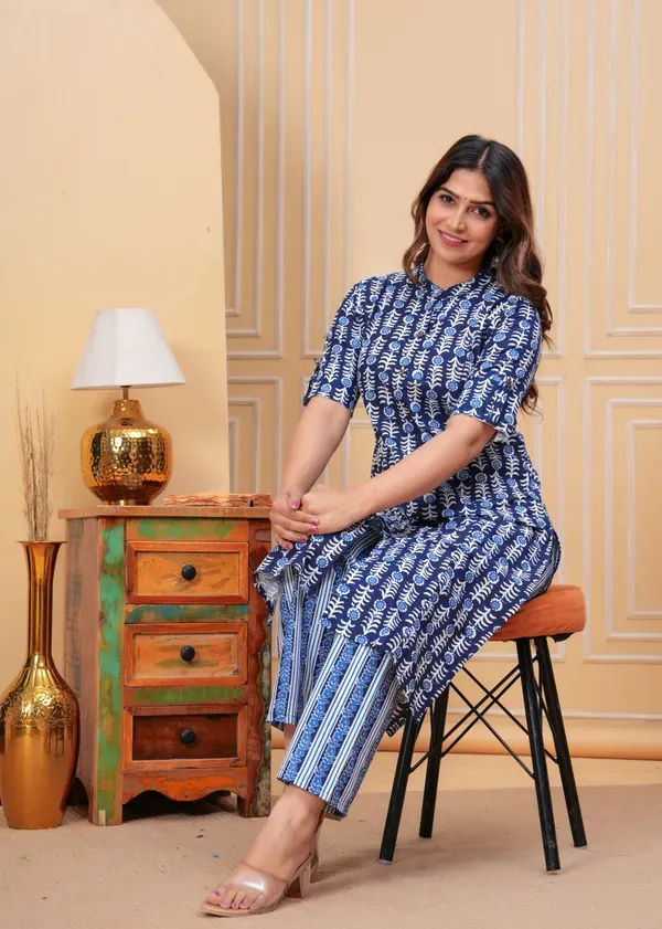 Blue_Pure_Cotton_A-Line_Kurta_&_Pant_Co-Ord_Set_For_Women_&_Girls