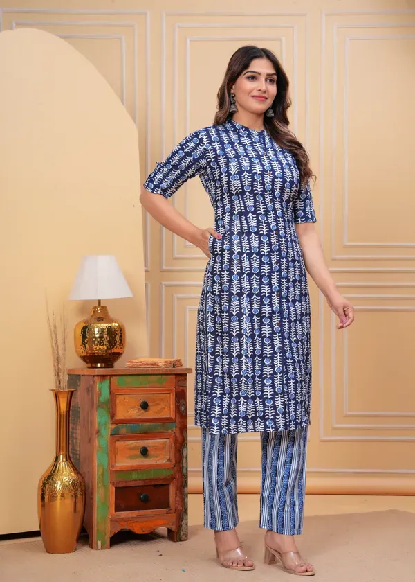 Blue_Pure_Cotton_A-Line_Kurta_&_Pant_Co-Ord_Set_For_Women_&_Girls