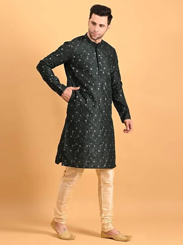 Bottel_Green_&_Golden_Embroidery_Silk_Kurta_Pyjama_Set_For_Men