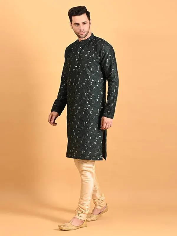Bottel_Green_&_Golden_Embroidery_Silk_Kurta_Pyjama_Set_For_Men