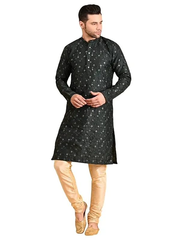 Bottel_Green_&_Golden_Embroidery_Silk_Kurta_Pyjama_Set_For_Men