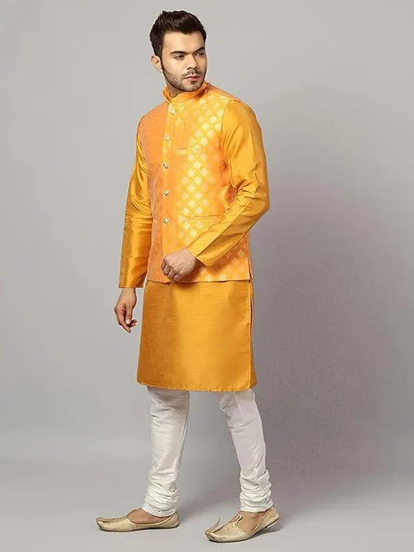 Yellow_&_Bold_Yellow_Silk_Blend_Kurta_Pajama_With_Designer_Ethnic_Nehru_Jacket_For_Men