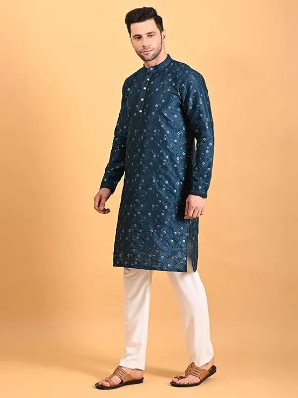 Royal_Blue_&_White_Embroidery_Silk_Kurta_Pyjama_Set_For_Men