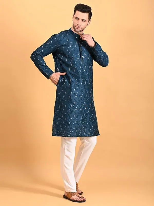 Royal_Blue_&_White_Embroidery_Silk_Kurta_Pyjama_Set_For_Men
