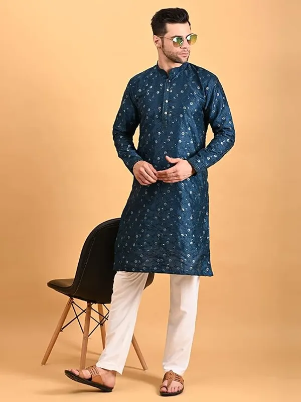 Royal_Blue_&_White_Embroidery_Silk_Kurta_Pyjama_Set_For_Men
