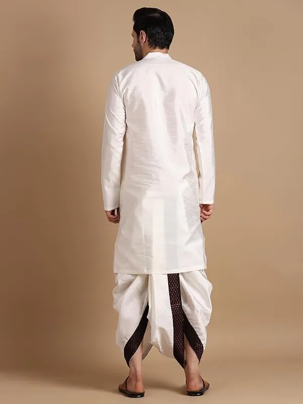 Cream_&_Maroon_Dupion_Silk_Readymade_Dhoti_Kurta_Set_For_Men