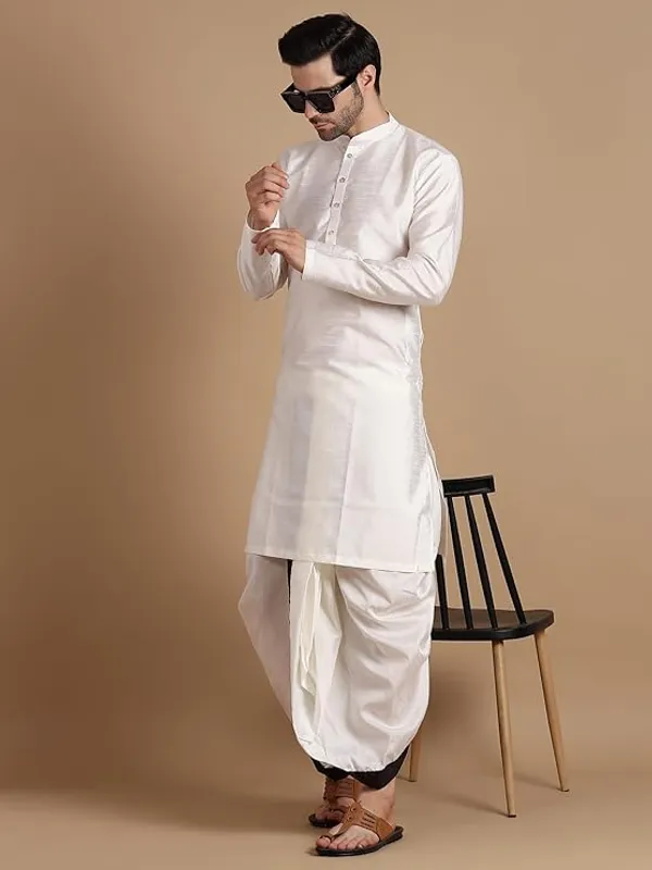 Cream_&_Maroon_Dupion_Silk_Readymade_Dhoti_Kurta_Set_For_Men
