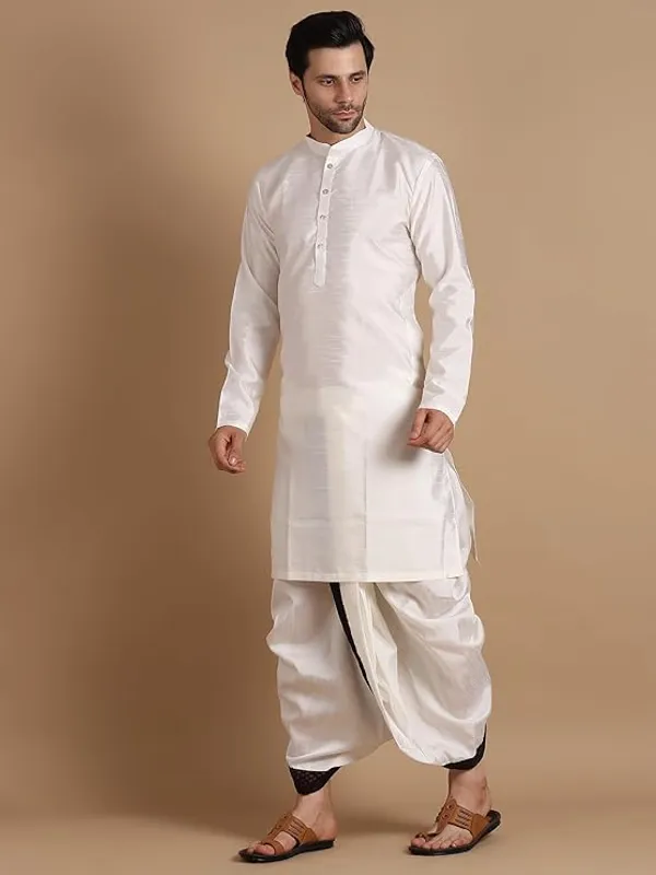 Cream_&_Maroon_Dupion_Silk_Readymade_Dhoti_Kurta_Set_For_Men