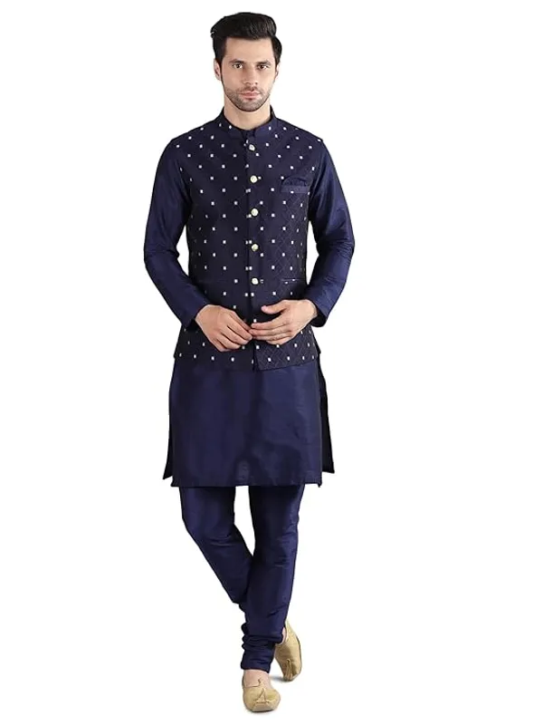 Navy_Blue_&_Blue_Silk_Blend_Kurta_Pajama_With_Designer_Ethnic_Nehru_Jacket_For_Men