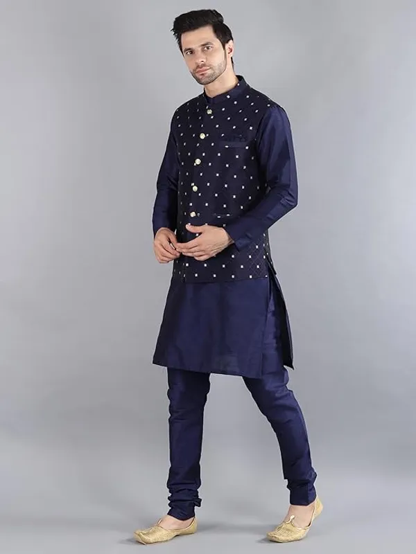 Navy_Blue_&_Blue_Silk_Blend_Kurta_Pajama_With_Designer_Ethnic_Nehru_Jacket_For_Men