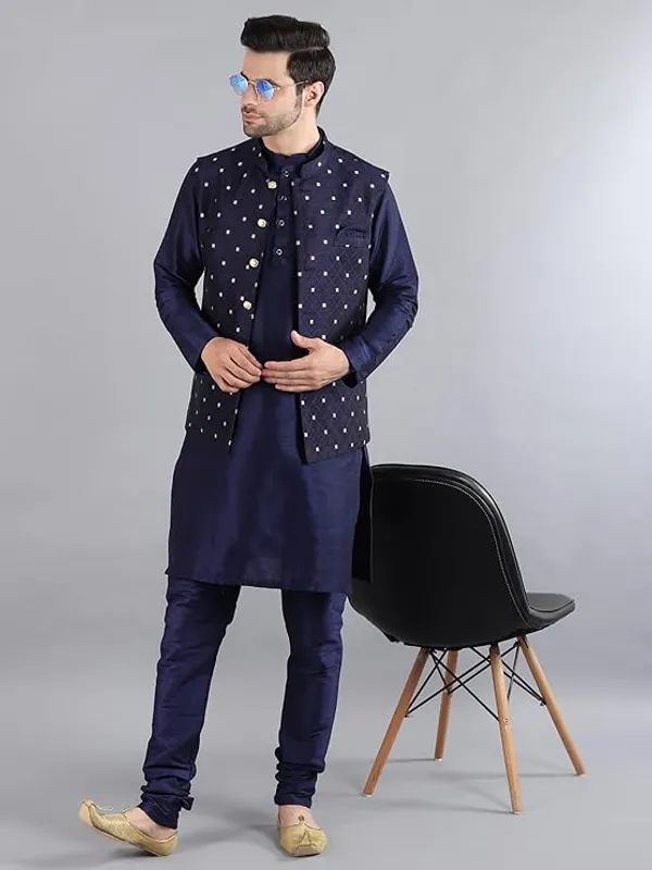 Navy_Blue_&_Blue_Silk_Blend_Kurta_Pajama_With_Designer_Ethnic_Nehru_Jacket_For_Men