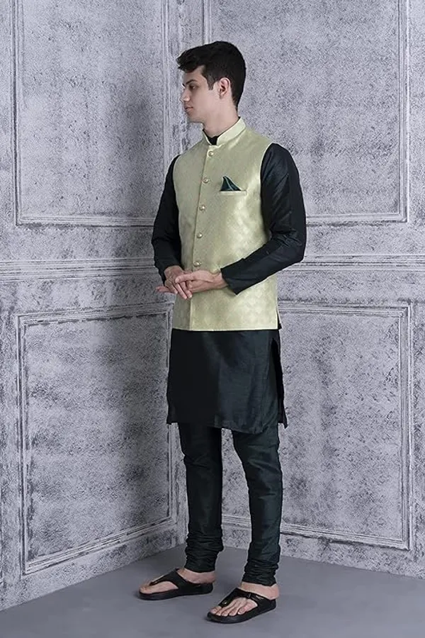 Bottle_Green_Silk_Blend_Kurta_Pajama_With_Designer_Ethnic_Nehru_Jacket_For_Men