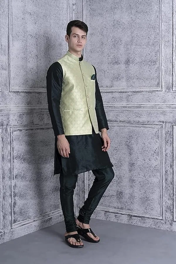 Bottle_Green_Silk_Blend_Kurta_Pajama_With_Designer_Ethnic_Nehru_Jacket_For_Men