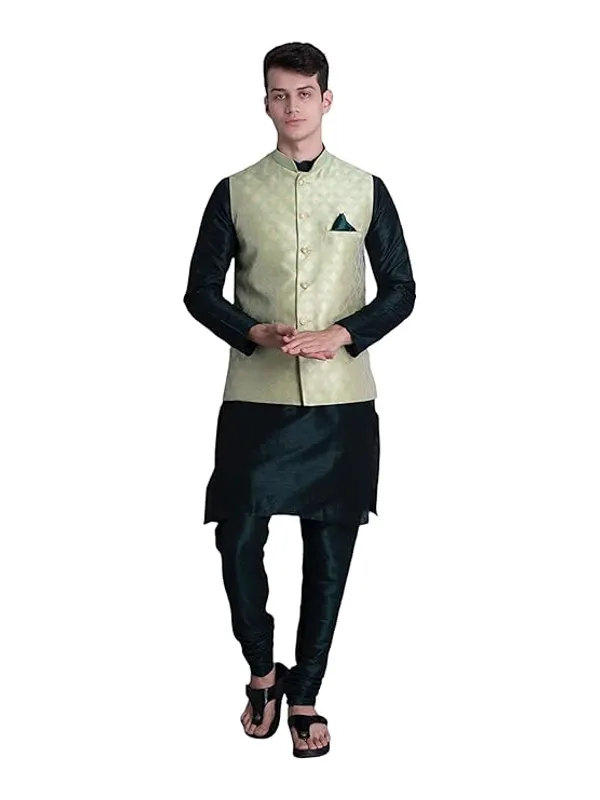 Bottle_Green_Silk_Blend_Kurta_Pajama_With_Designer_Ethnic_Nehru_Jacket_For_Men
