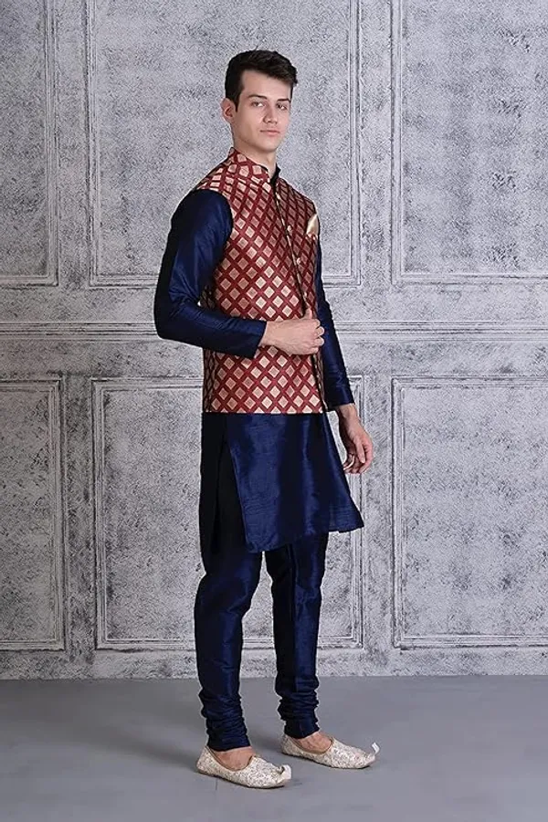 Navy_Blue_&_Maroon_Silk_Blend_Kurta_Pajama_With_Designer_Ethnic_Nehru_Jacket_For_Men