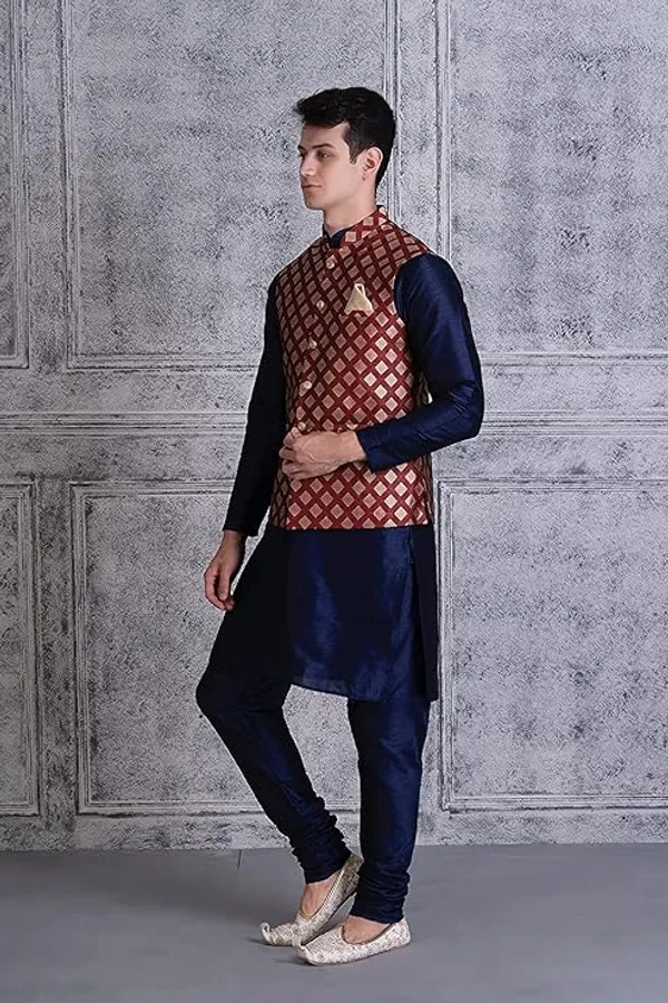 Navy_Blue_&_Maroon_Silk_Blend_Kurta_Pajama_With_Designer_Ethnic_Nehru_Jacket_For_Men